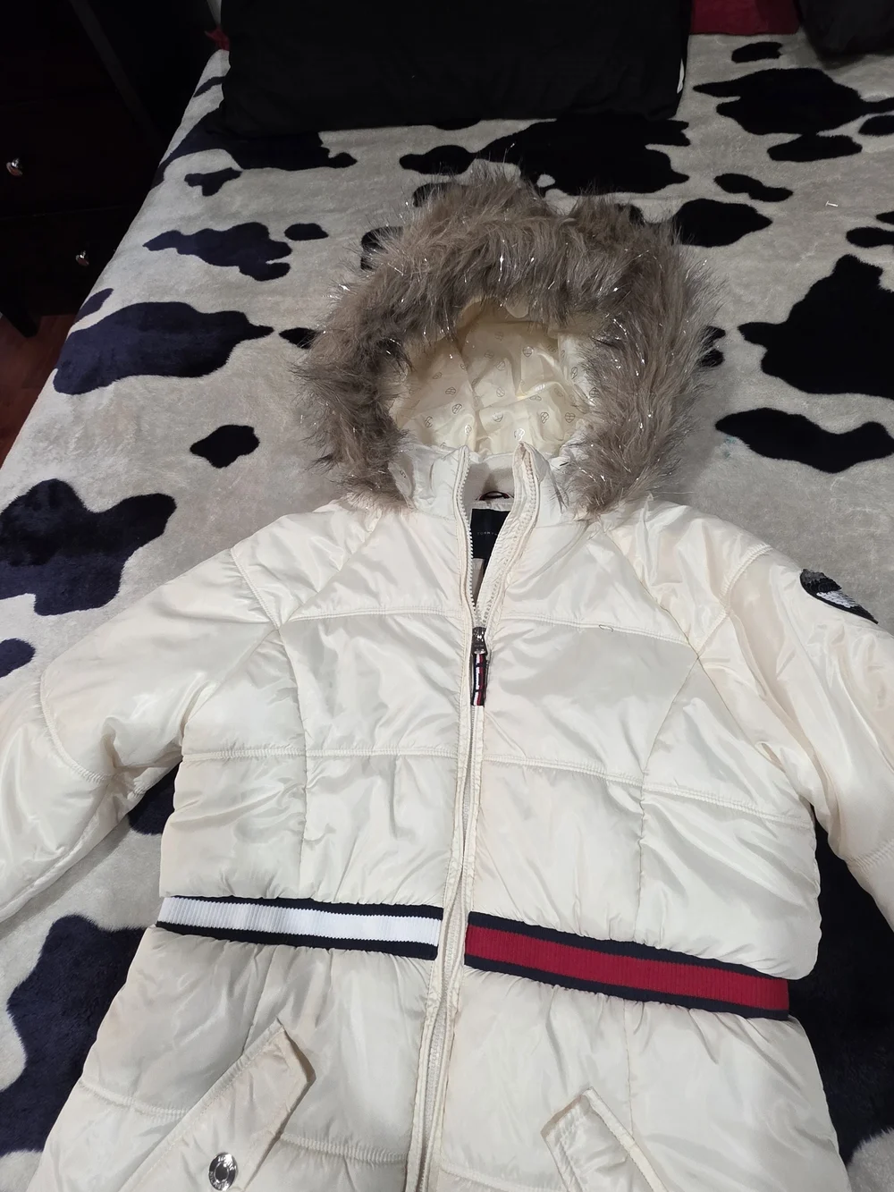 Tommy Hilfiger Cream Hooded Quilted Puffer with Faux-Fur Trim